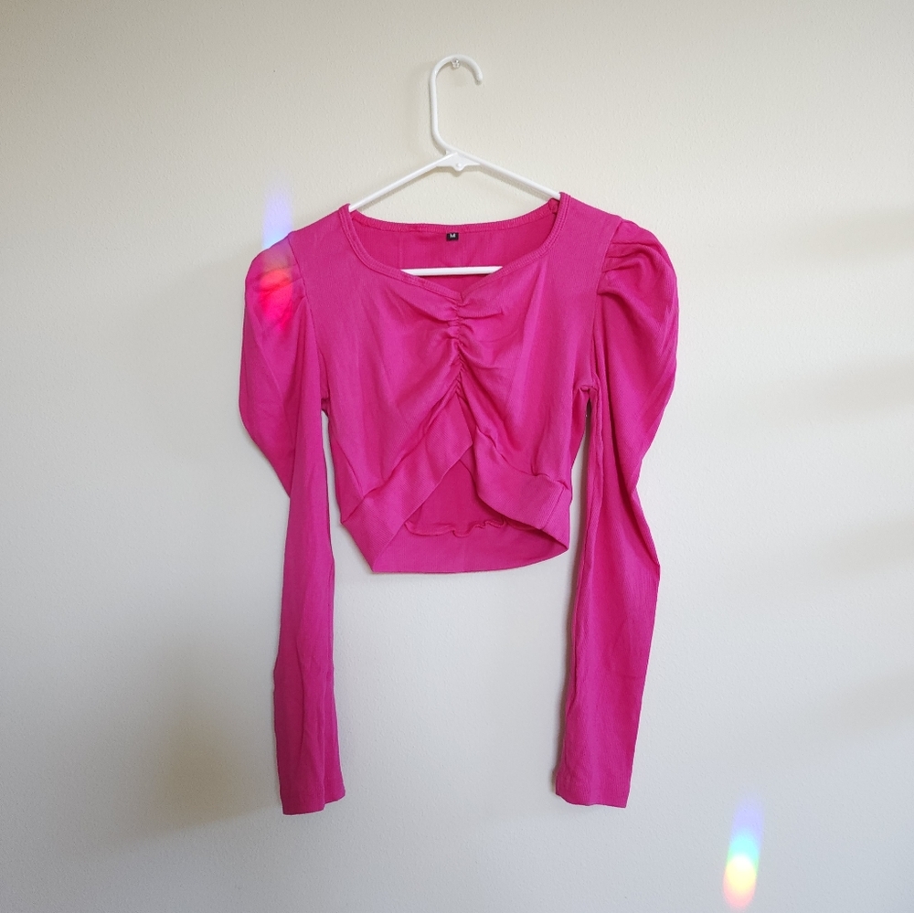 NWOT Long Sleeve Barbie Pink Crop Top Blouse